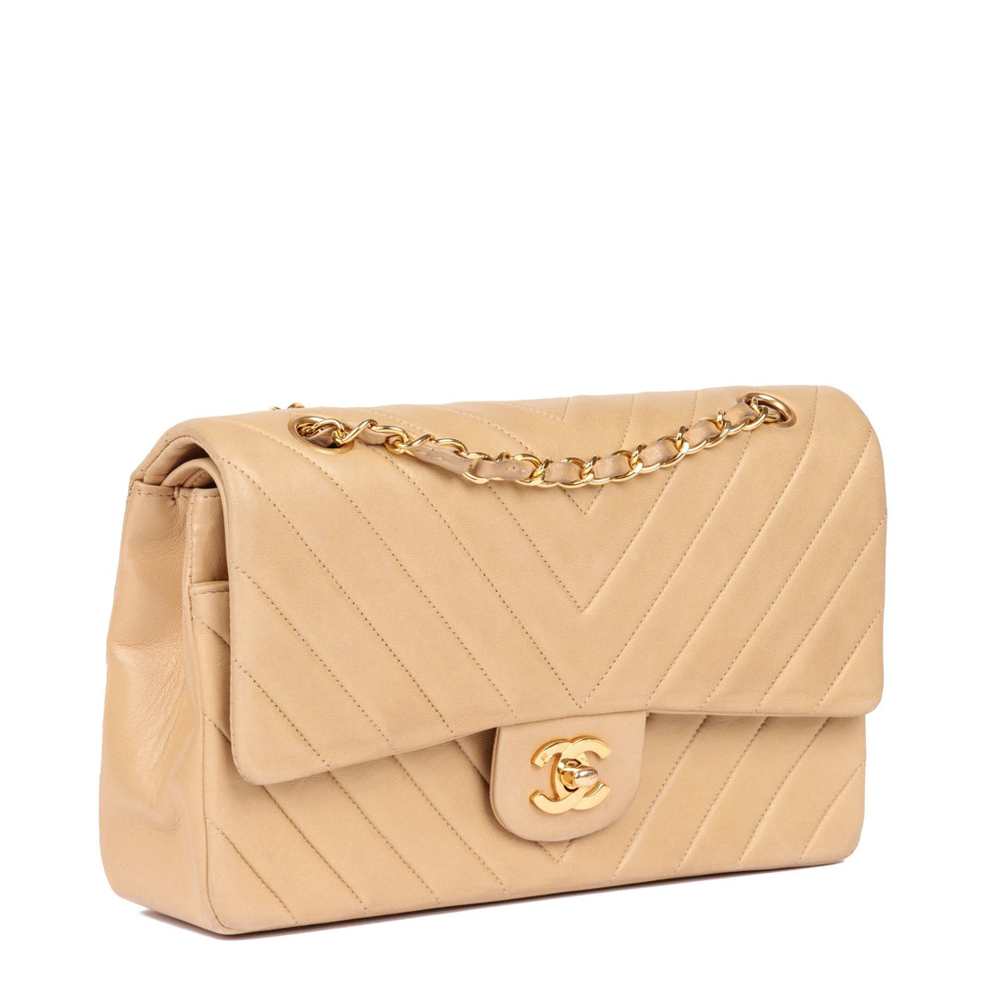 Chanel Beige Chevron Quilted Lambskin Vintage Medium Classic Double Flap Bag