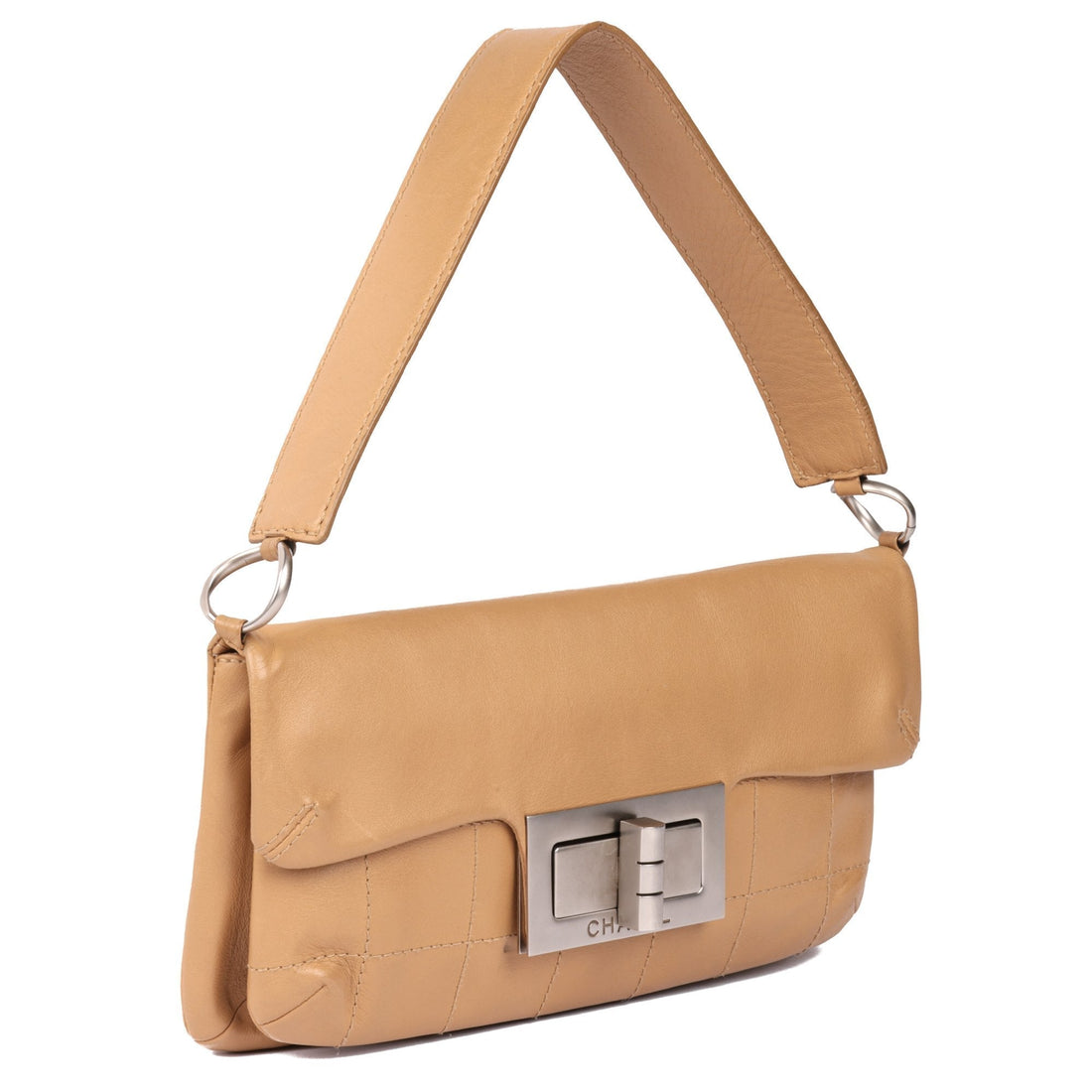 Chanel Beige Choclate Bar Quilted Calfskin Leather Vintage Mademoiselle Pochette Top Handle Bag