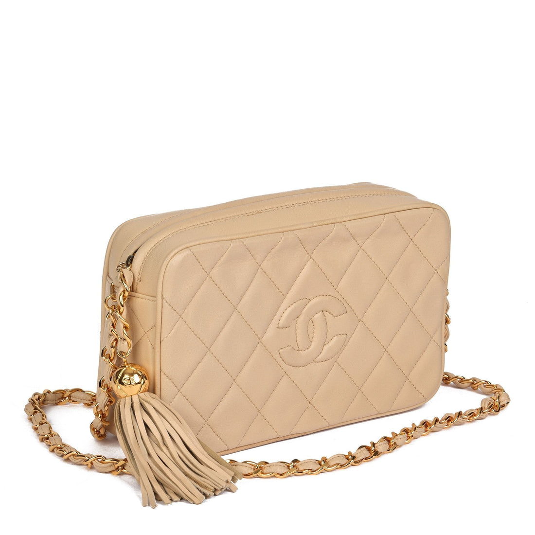 Chanel Beige Quilted Lambskin Vintage Small Fringe Timeless Camera Bag
