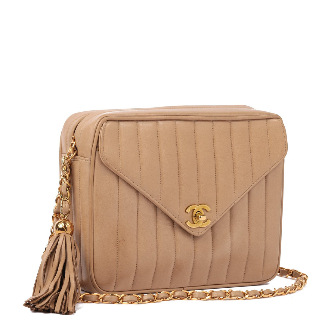 Chanel Beige Vertical Quilted Lambskin Vintage Small Classic Camera Bag