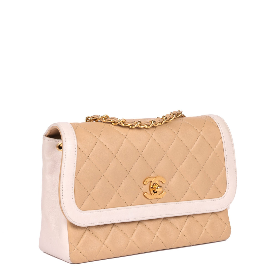 Chanel Beige & White Quilted Lambskin Vintage Mini Classic Single Flap Bag with Wallet Shoulder Bag