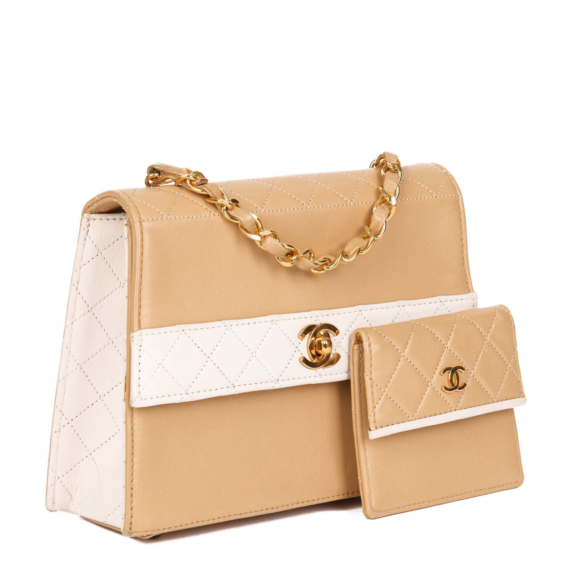 Chanel Beige & White Quilted Lambskin Vintage Mini Trapeze Classic Single Flap Bag with Pouch Shoulder Bag