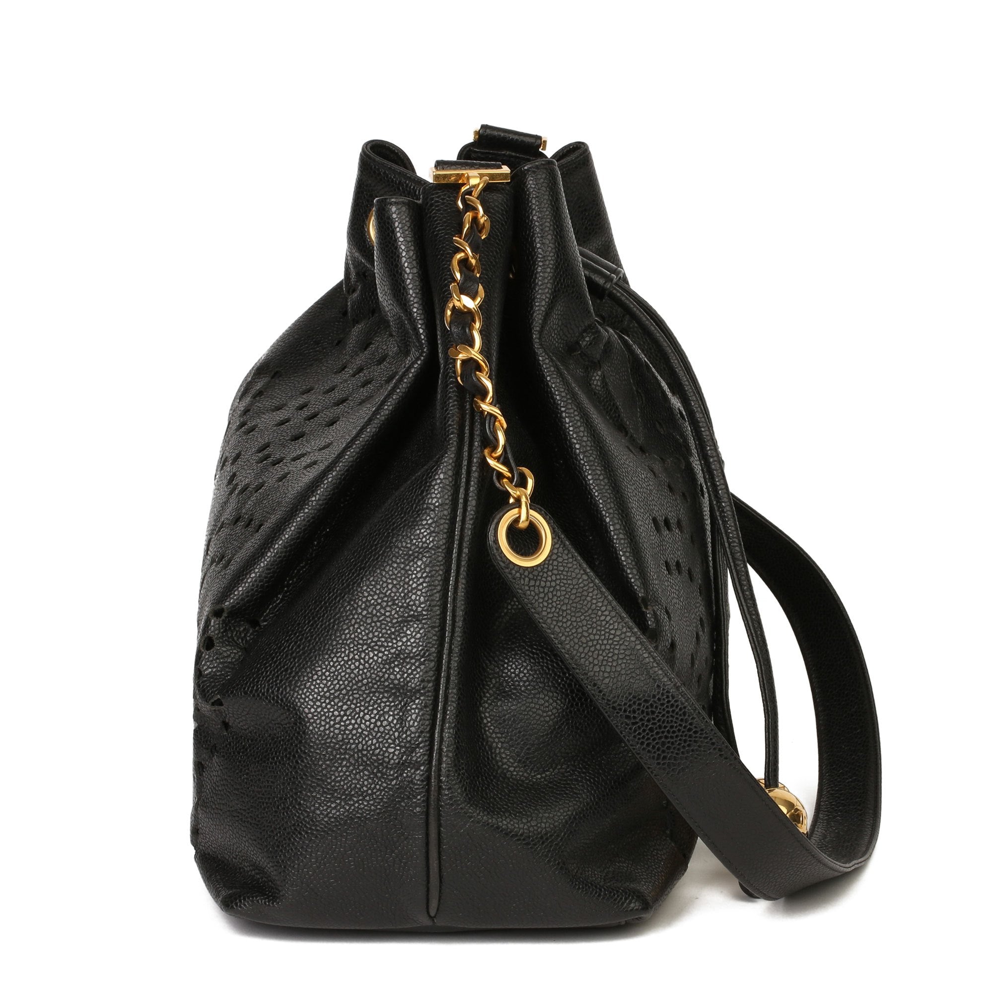 Chanel Black CC Perforated Caviar Leather Vintage Timeless Bucket Bag