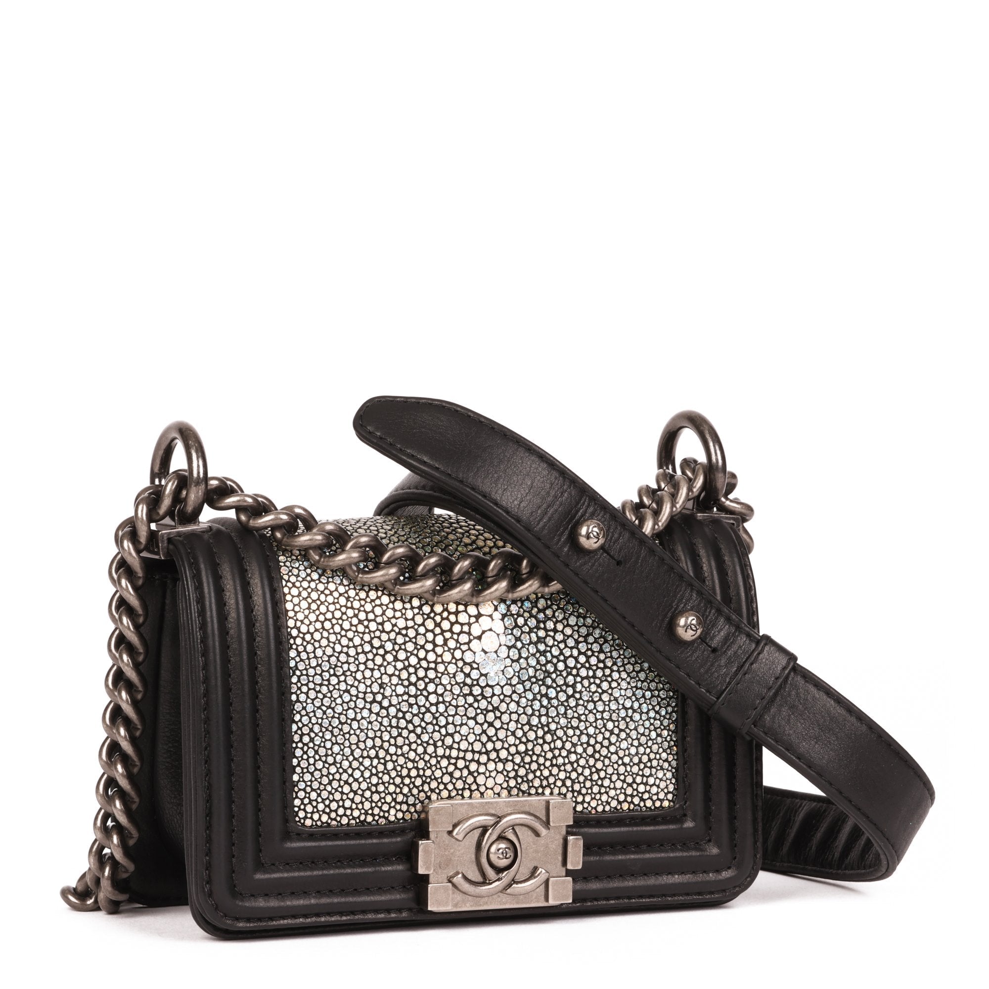 Chanel Black Lambskin & Hologram Galuchat Micro Le Boy Shoulder Bag