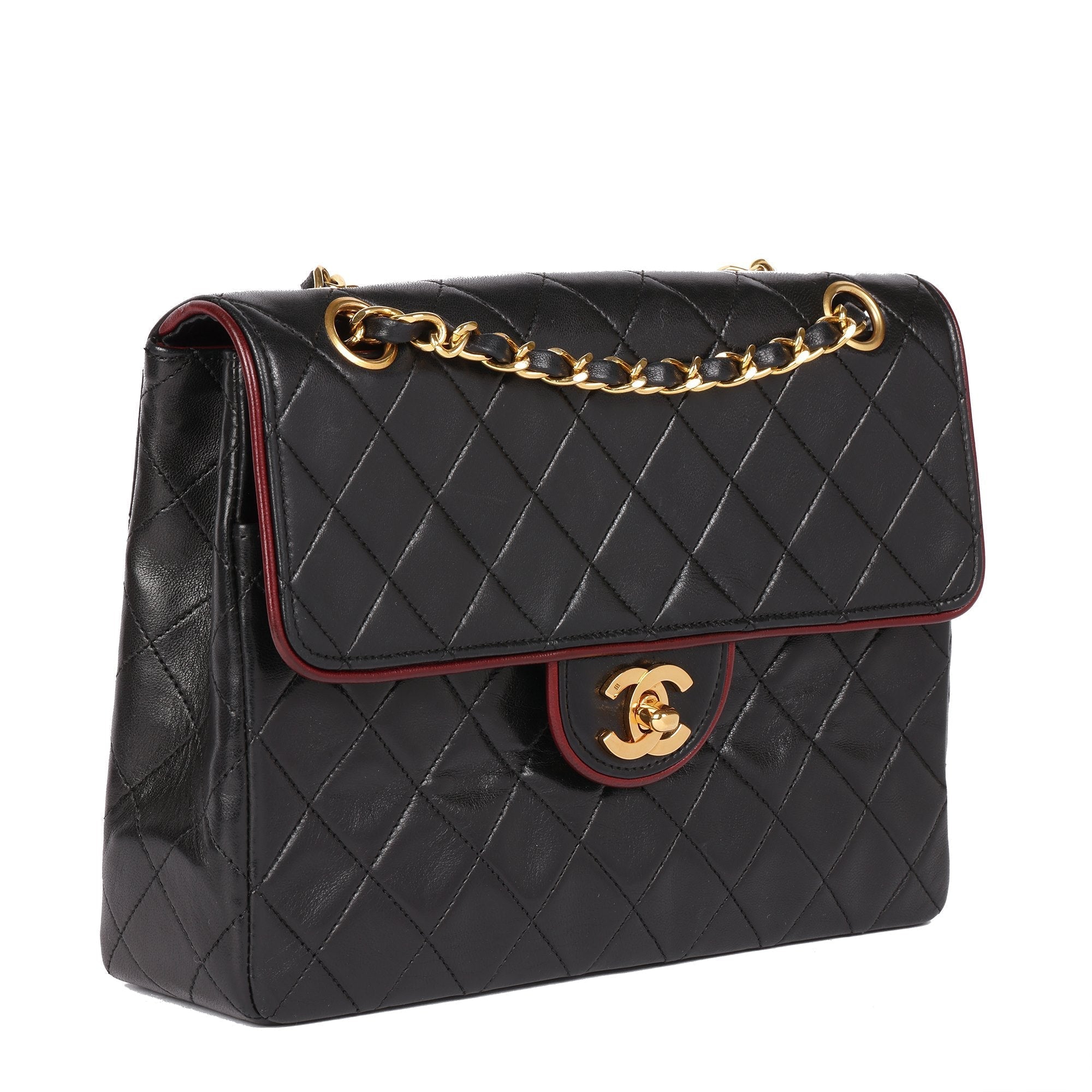 Chanel Black Quilted Lambskin Vintage Medium Classic Single Flap Bag with Red Trim Shoulder Bag