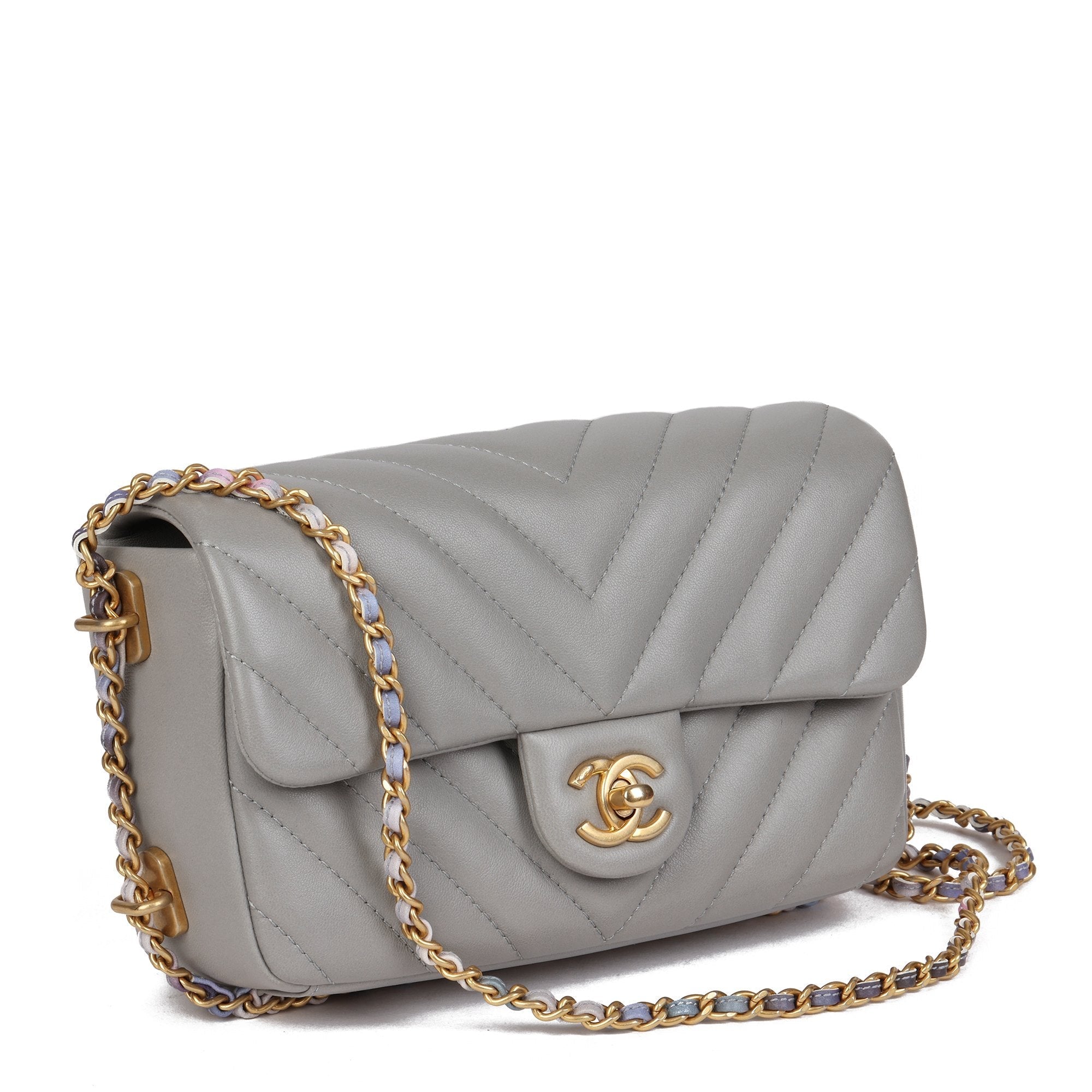 Chanel Grey Chevron Quilted Lambskin Chain Around Mini Rectangular Flap Bag