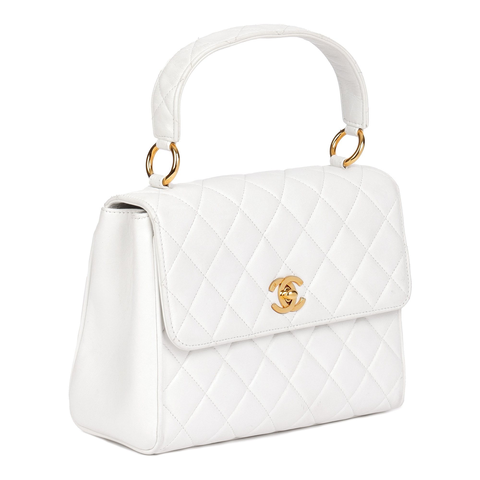 Chanel White Quilted Lambskin Vintage Classic Kelly Top Handle Bag