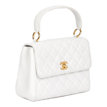 Chanel White Quilted Lambskin Vintage Classic Kelly Top Handle Bag