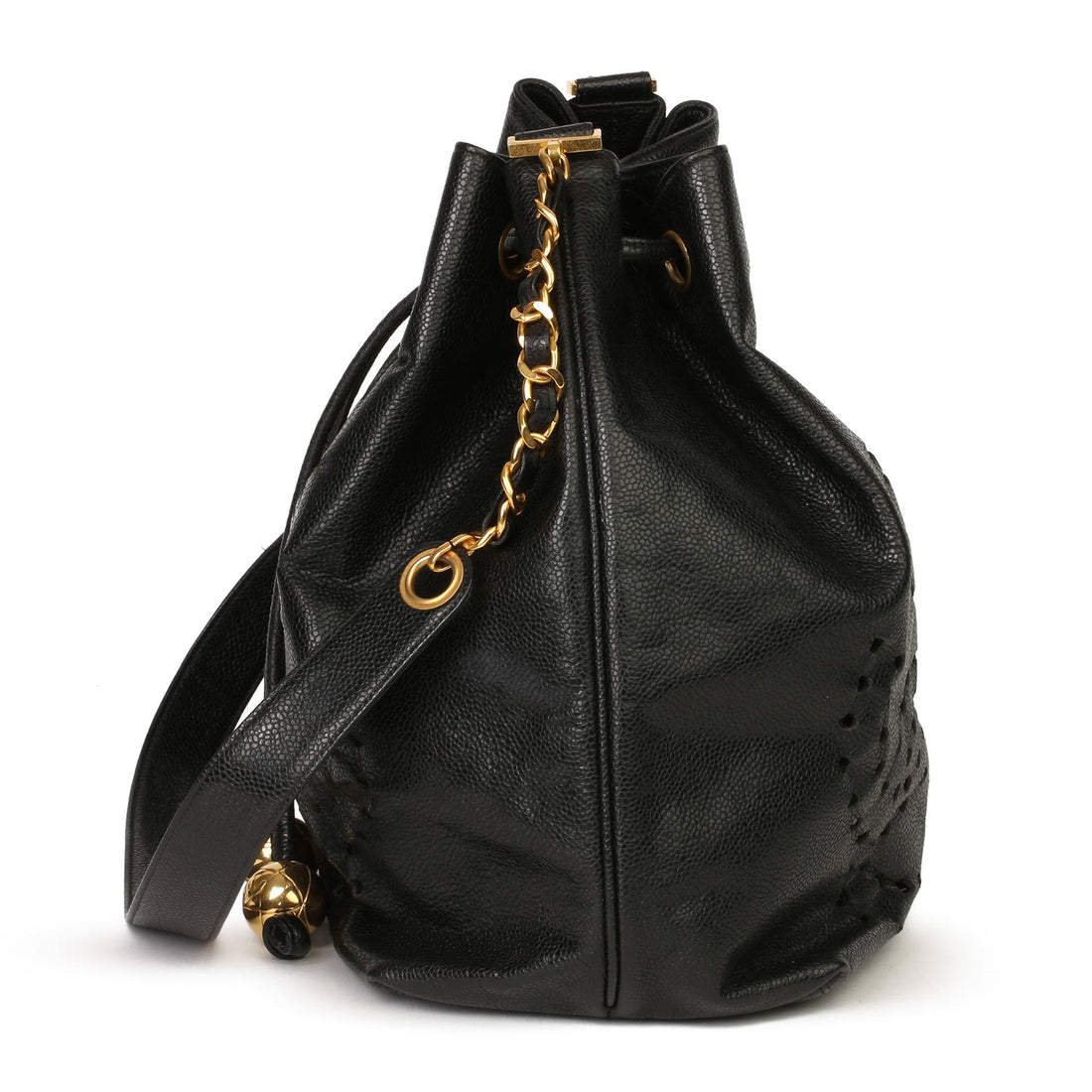 Chanel Black CC Perforated Caviar Leather Vintage Timeless Bucket Bag