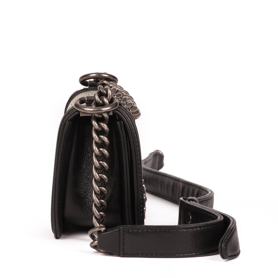 Chanel Black Lambskin & Hologram Galuchat Micro Le Boy Shoulder Bag