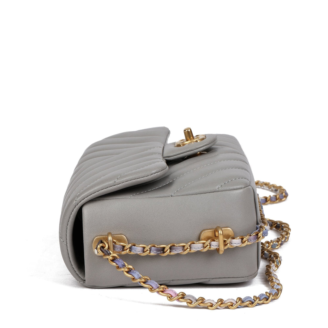 Chanel Grey Chevron Quilted Lambskin Chain Around Mini Rectangular Flap Bag