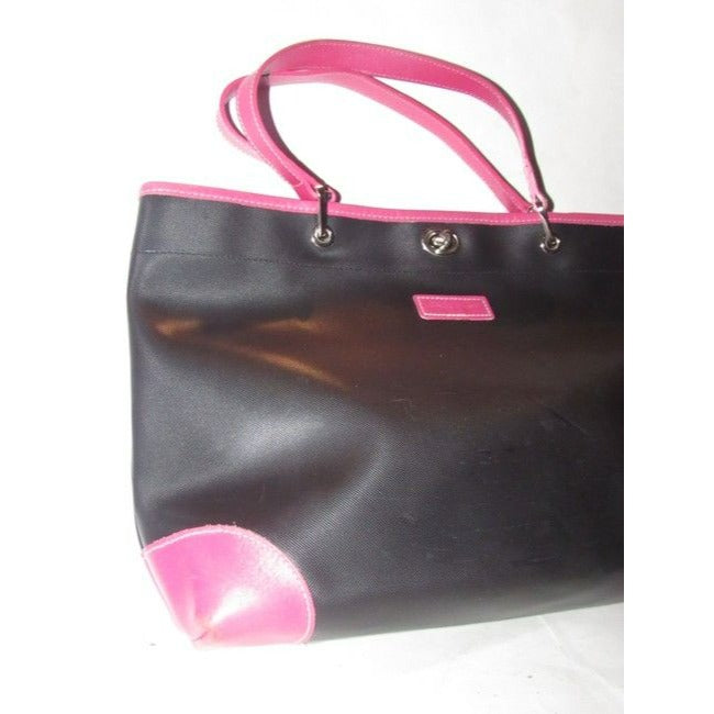 Longchamp Black Heavy Canvas And Hot Pink Leather Tote