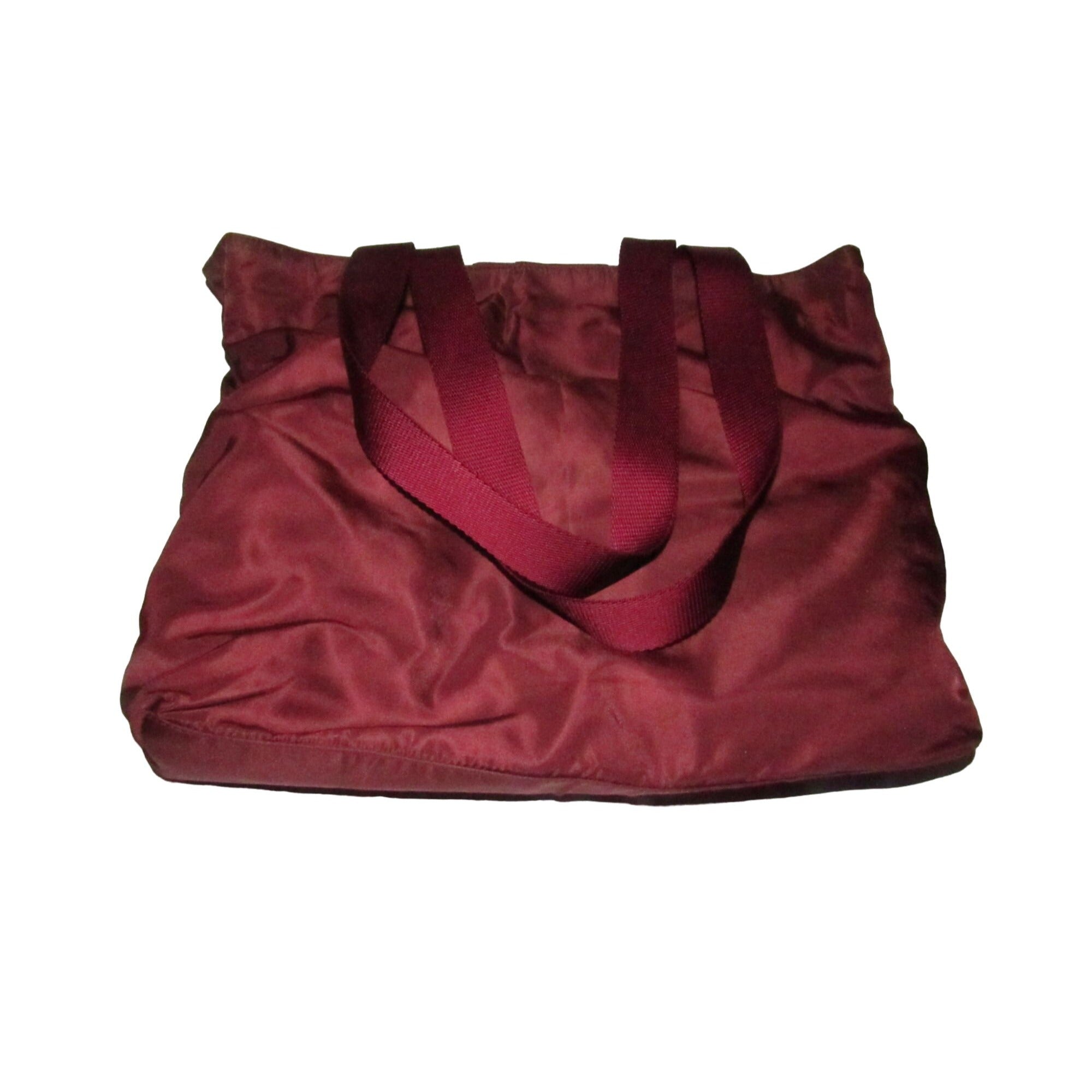 1990s Prada, dark red nylon & patent leather, satchel or tote bag with two handles, multiple compartments & pockets, & chrome hardware