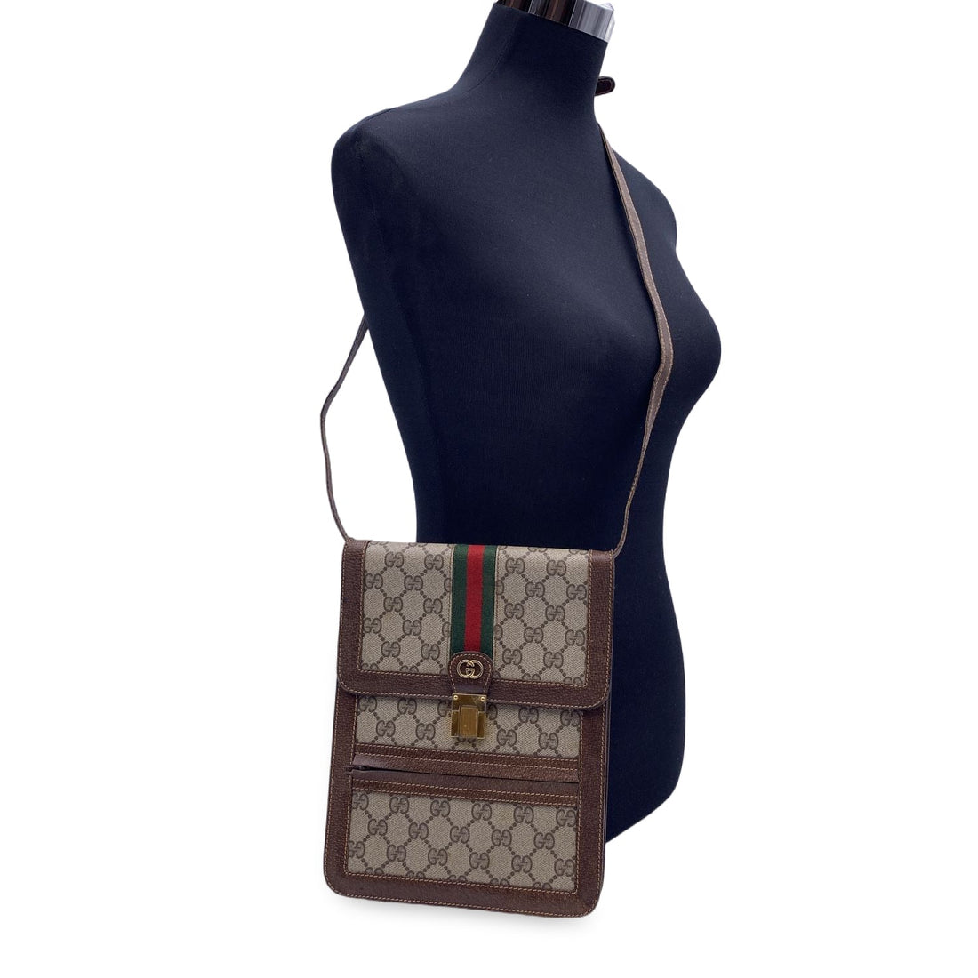 GUCCI Vintage Monogram Canvas Vertical Shoulder Bag With Stripes