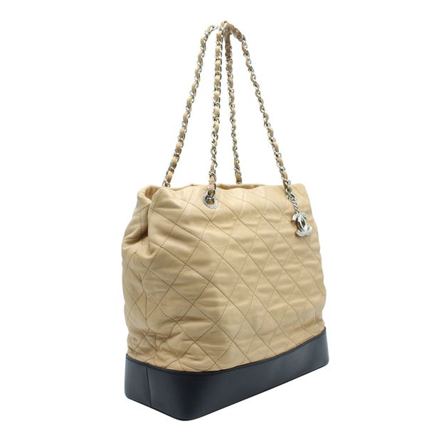Chanel Light Brown And Black Quilted Tote Bag In Silver Hardware