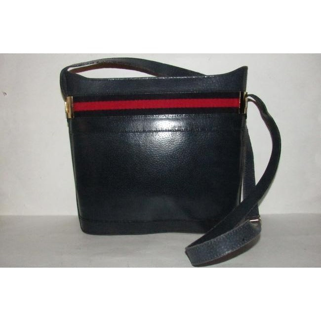 Gucci Blue Hard Boxy Leather Bucket Bag w red/blue stripe