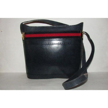 Gucci Blue Hard Boxy Leather Bucket Bag w red/blue stripe