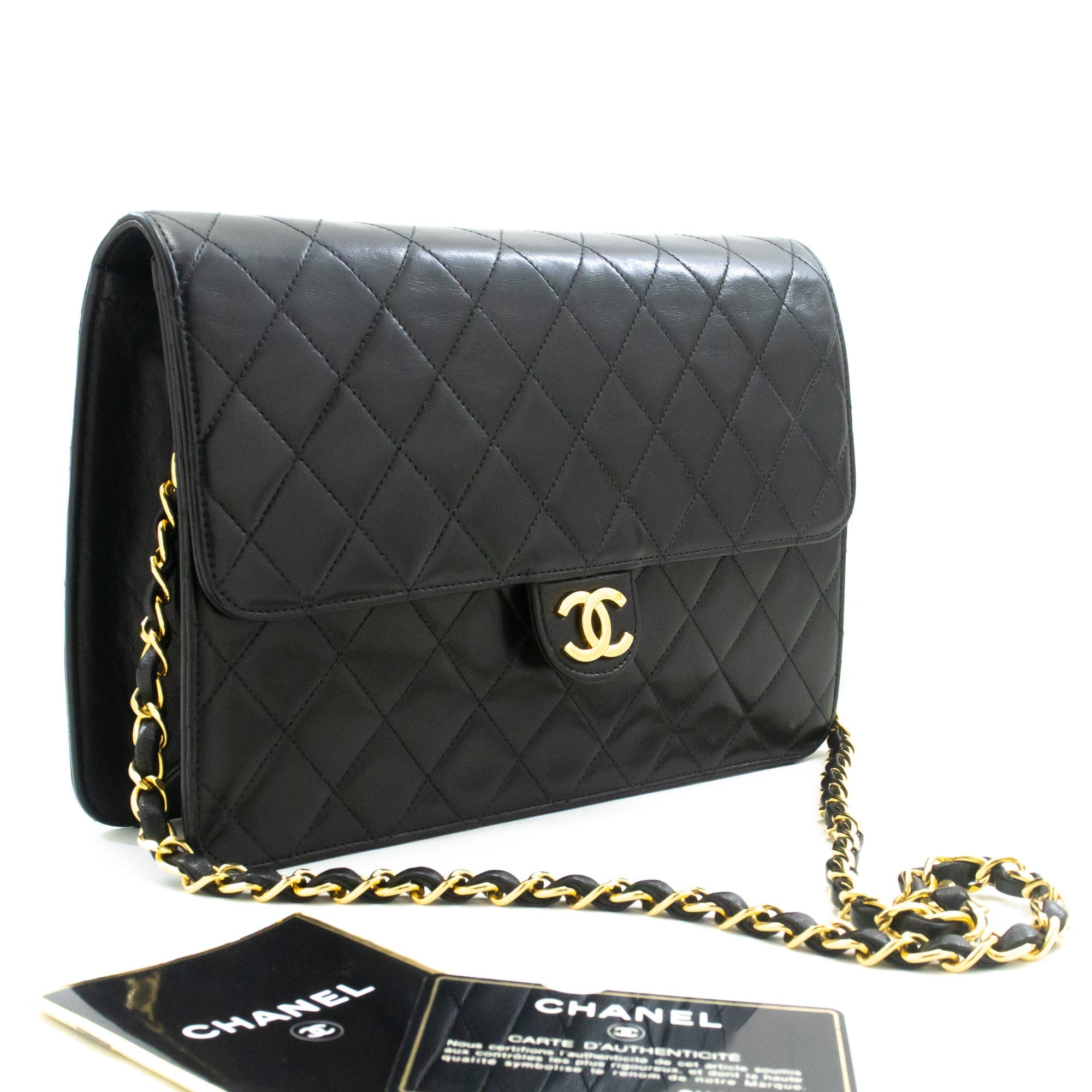 CHANEL Chain Shoulder Bag Clutch Black Quilted Flap Lambskin Purse