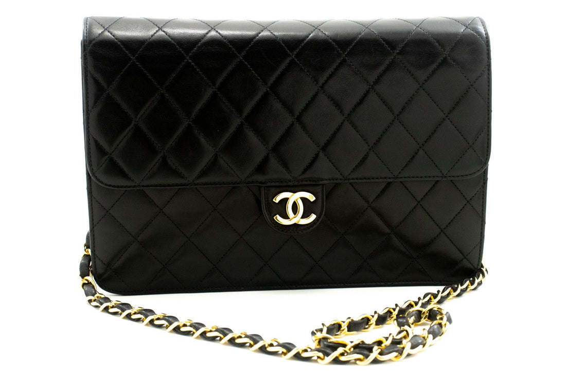 CHANEL Chain Shoulder Bag Clutch Black Quilted Flap Lambskin Purse