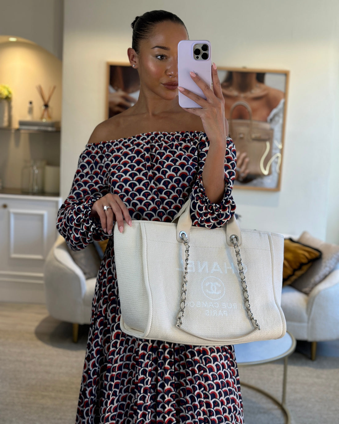 Chanel Large Cream Canvas Deauville Tote Bag with Silver Hardware