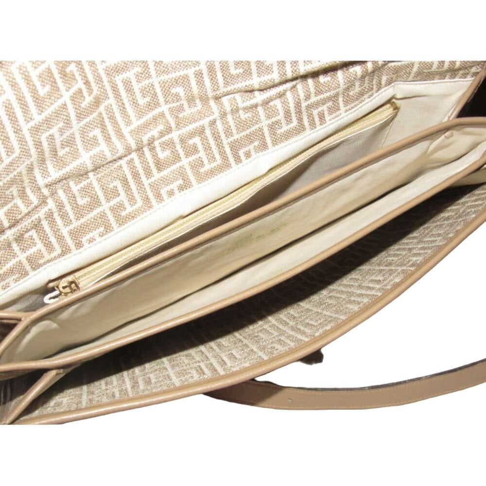 Vintage, Pierre Balmain, beige and white, geometric, "subway" print fabric and beige leather, two-way style, clutch or shoulder bag