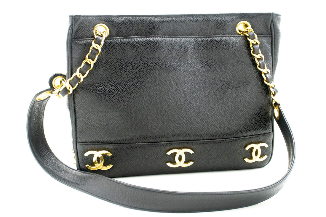 CHANEL Caviar Triple Coco Chain Shoulder Bag Black Leather Gold
