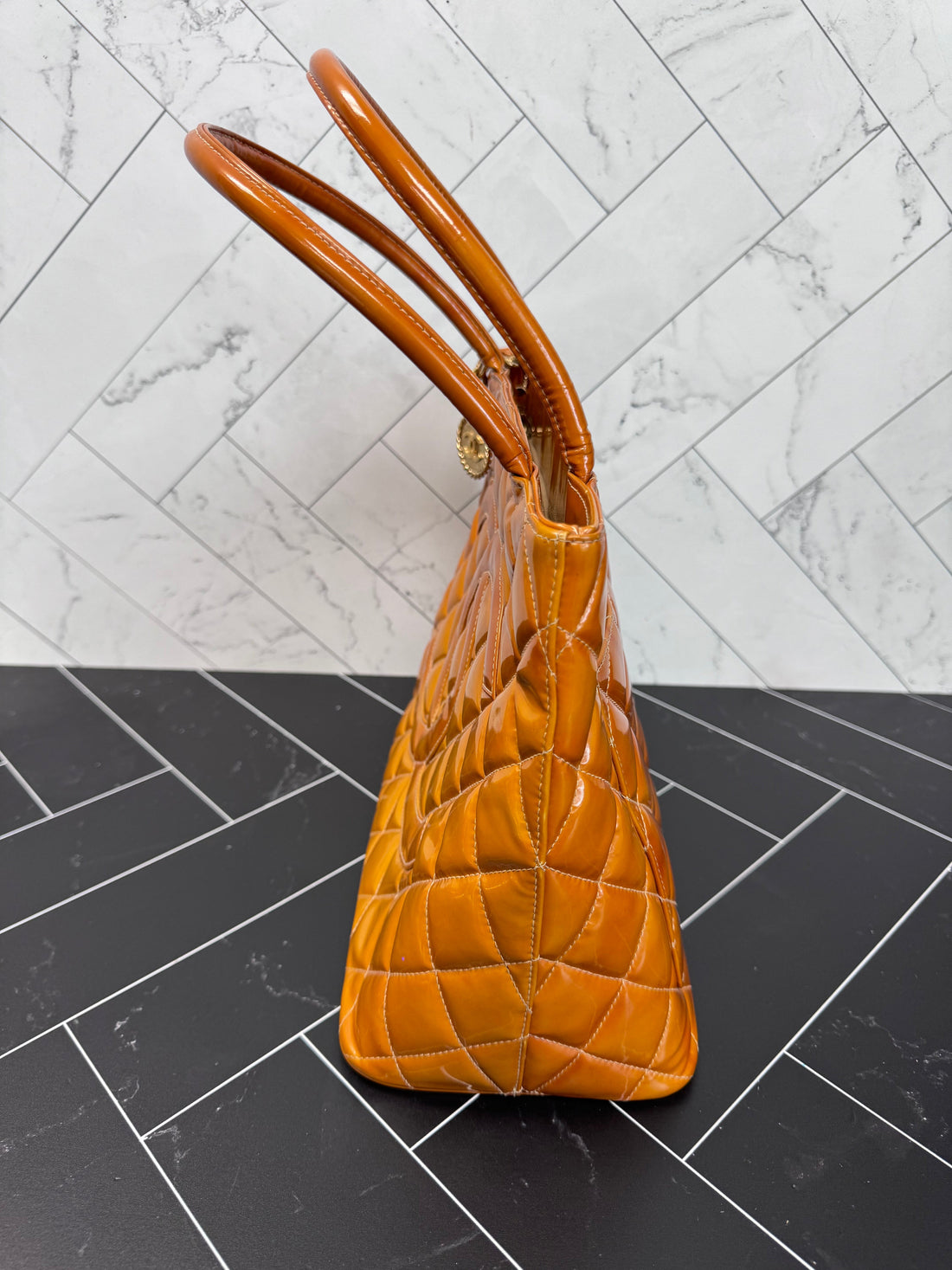 Chanel Gold Patent Leather Madallion Tote Bag