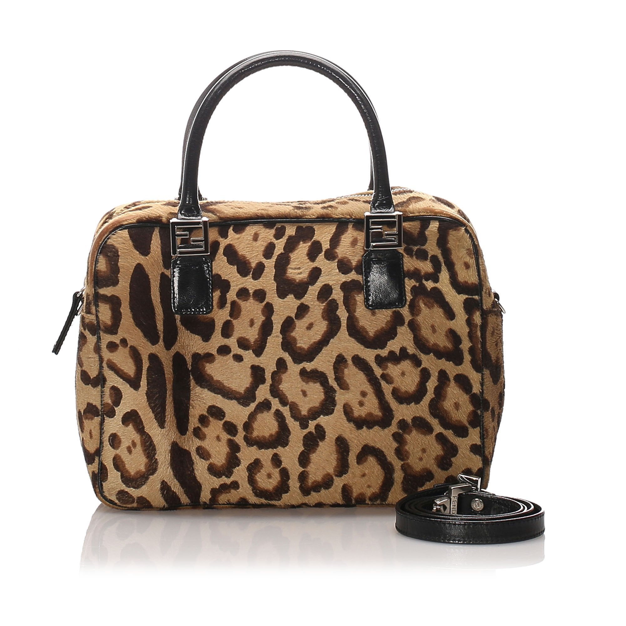 Fendi Brown Leopard Print Pony Hair Satchel Italy