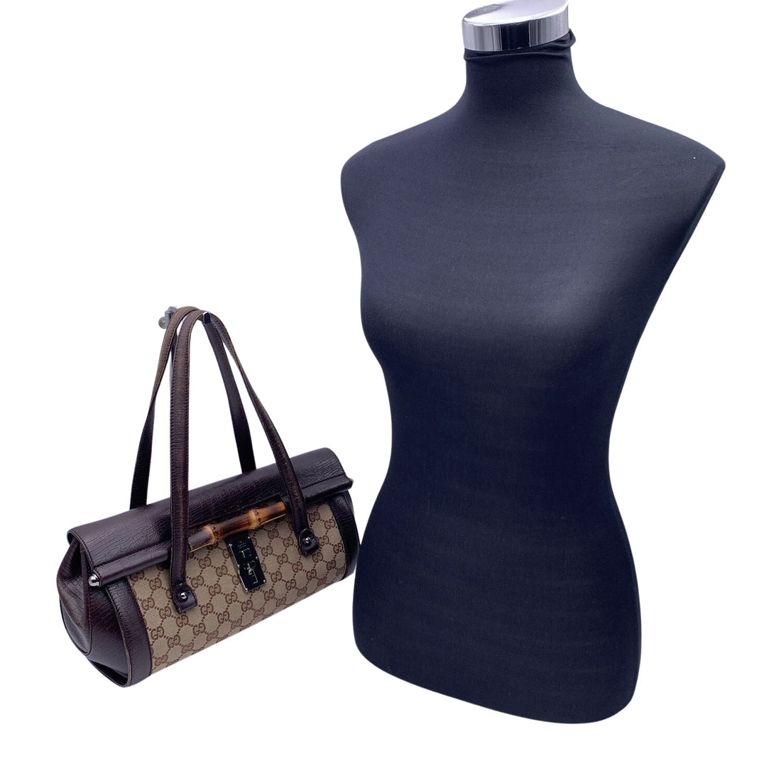GUCCI Brown Gg Monogram Canvas Bamboo Bullet Shoulder Bag