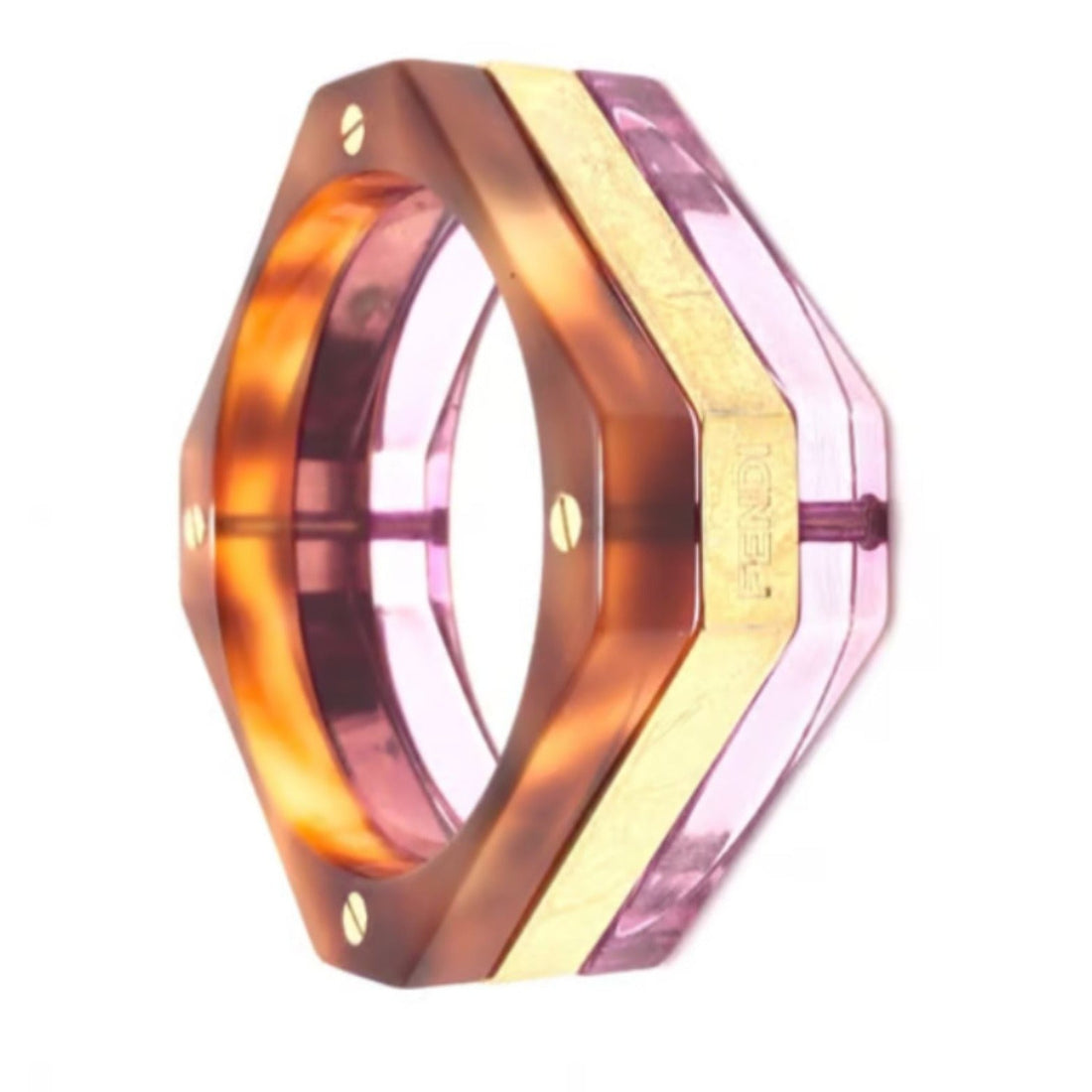 RARE, vintage, Fendi tri-color square resin/Lucite bangle in purple, gold, & tortoise shell