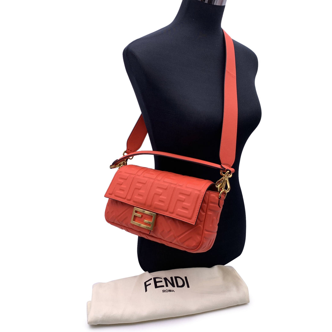 FENDI Orange Red Embossed Ff Logo Leather Baguette Shoulder Bag