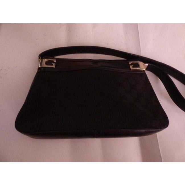 Gucci Vintage Black Leather And Large G Logo Print Canvas Suede Hobo Bag