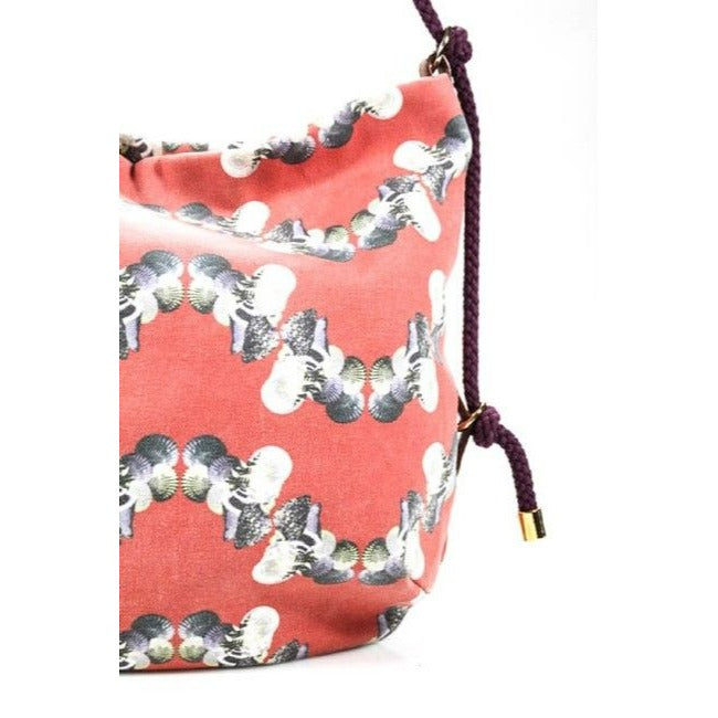 Missoni Red Canvas With Blue Grey And White Abstract Shell Print And Brown Leather Bag