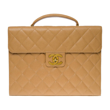 CHANEL Amazing vintage Briefcase in beige caviar leather, GHW