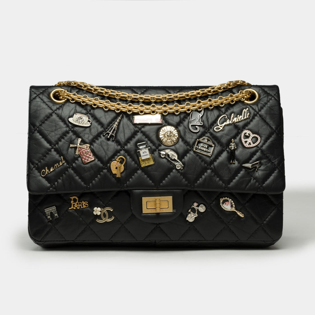 CHANEL Lucky Charms 2.55 double flap shoulder bag in black quilted leather, AGHW