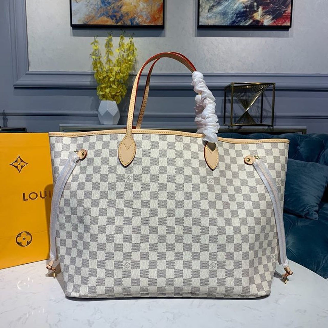LV Neverfull GM Tote Bag Damier Azur Canvas Rose Ballerine Pink For Womtlm,  Shoulder Bags 15.4in/39cm LV N41604