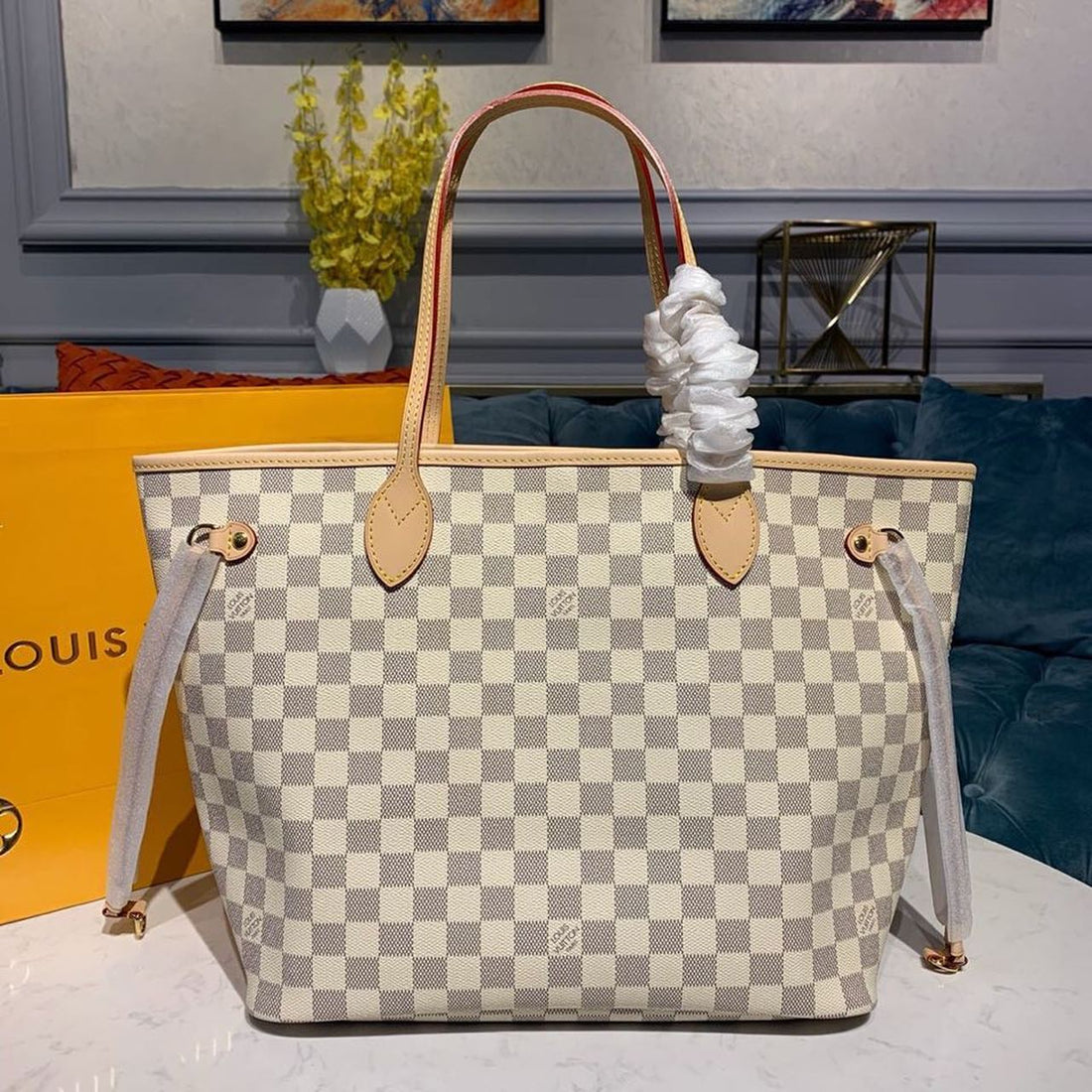 LV Neverfull MM Tote Bag Damier Azur Canvas For Womtlm, Womtlm’s Handbags, Shoulder Bags 12.2in/31cm LV N41361