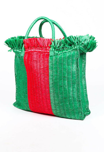 Gucci Bag Cestino Raffia Green Red Web Stripe Tote