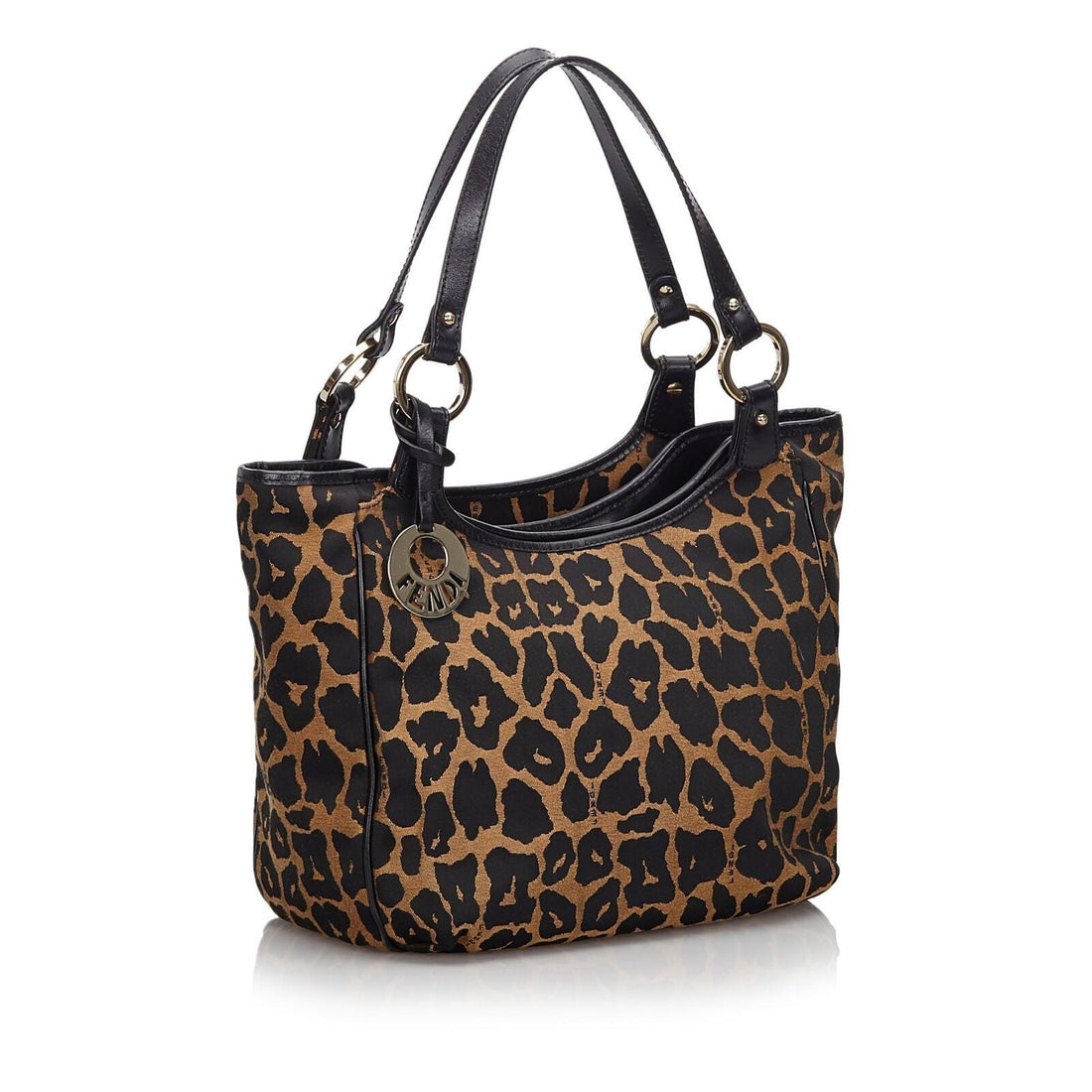 Fendi Brown Beige Canvas Fabric Leopard Print Handbag Italy