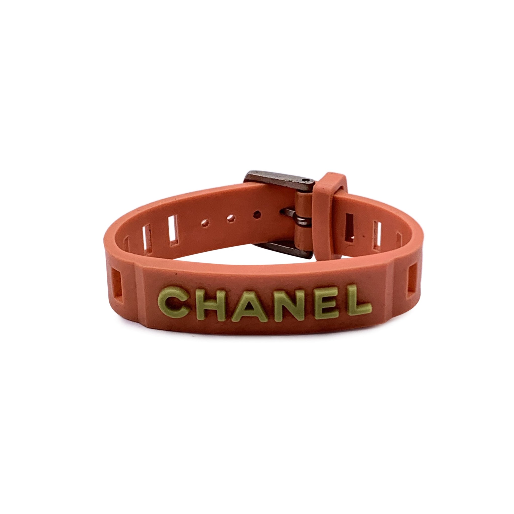 CHANEL Vintage Orange And Green Rubber Logo Belt Bracelet