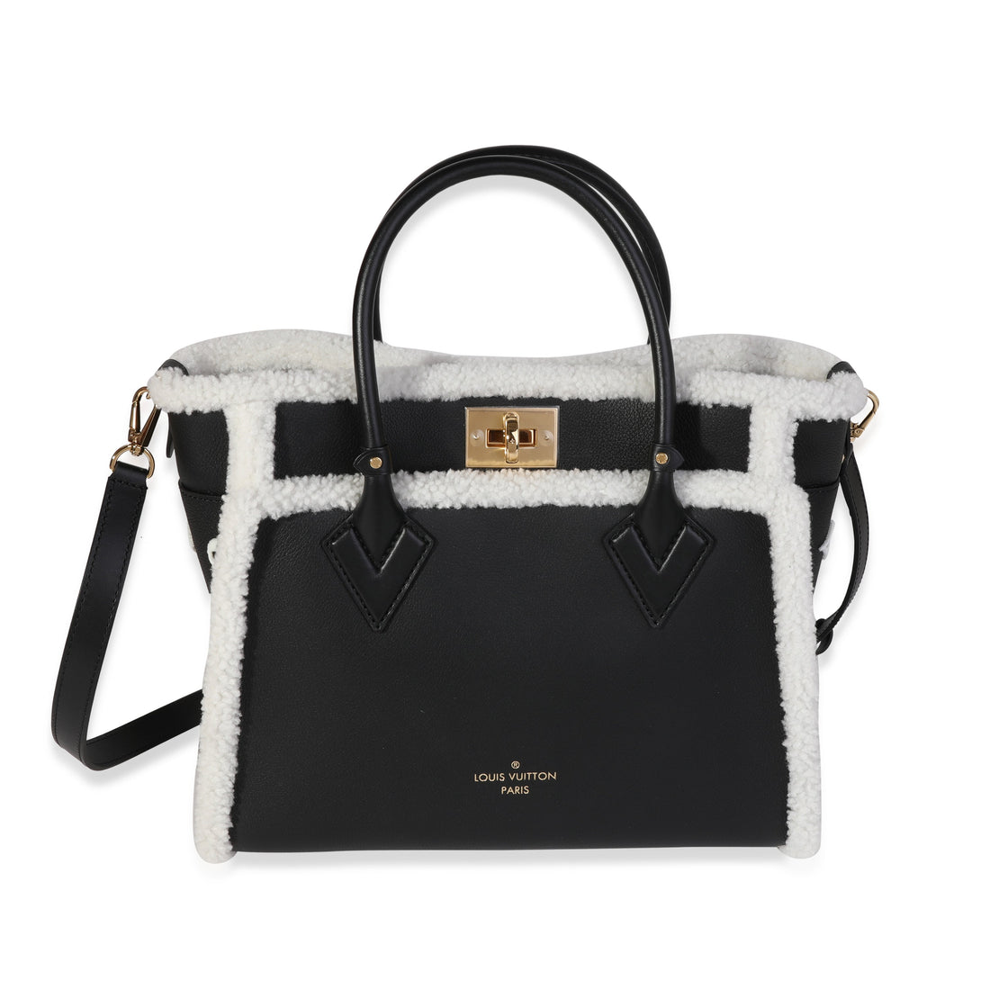 LOUIS VUITTON Black Grained Calfskin & White Shearling Monogram On My Side MM