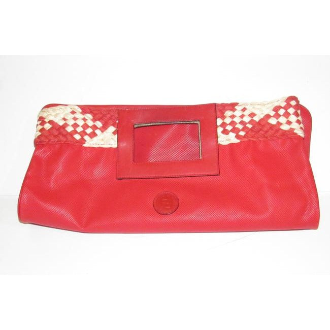 Fendi Clutch Textured Porthole Runway Trim Tomato Red Leatherredivory Woven Fabric Tote