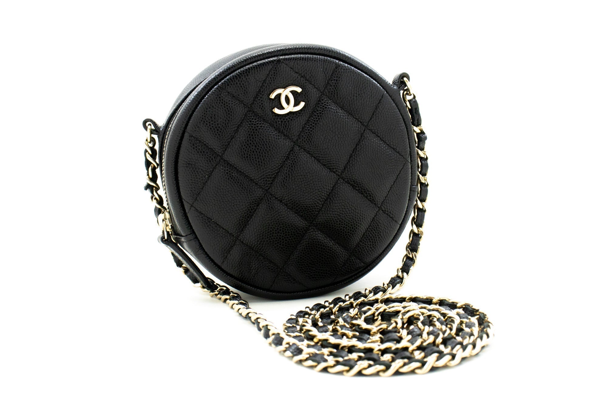 CHANEL Round Zip Caviar Small Chain Shoulder Bag Black Quilted