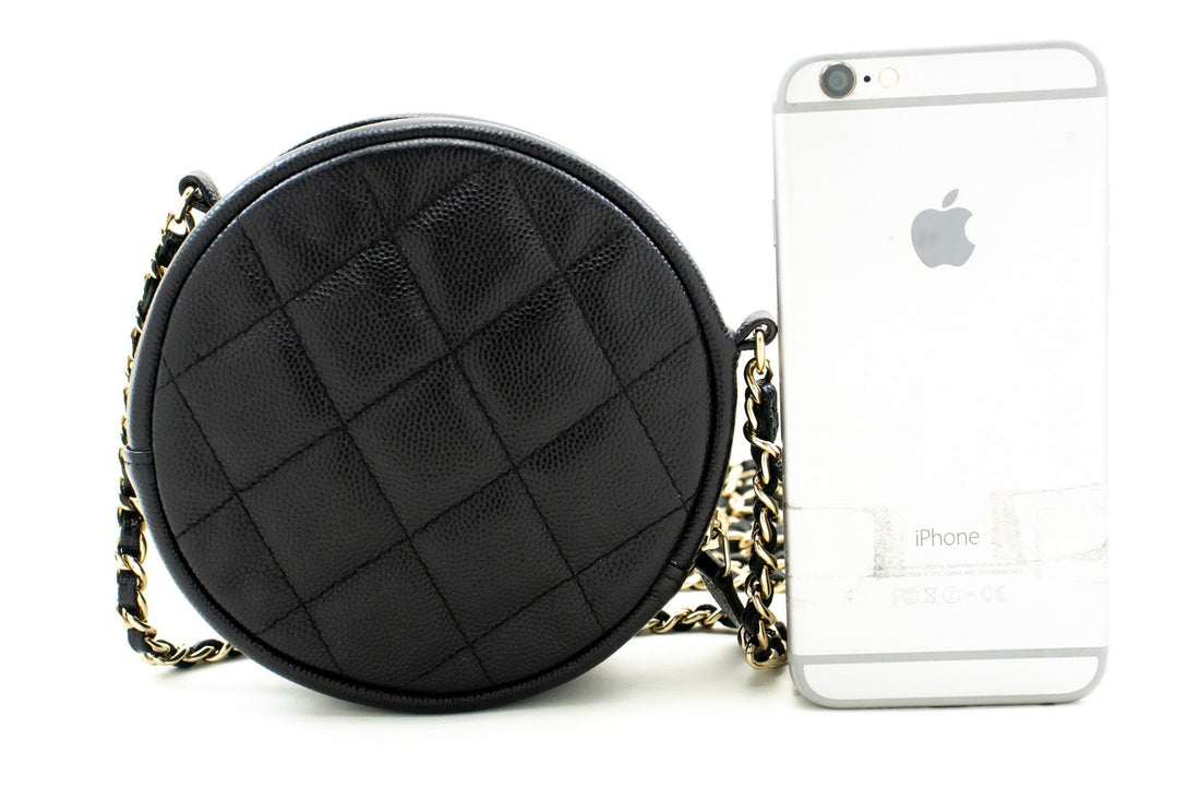CHANEL Round Zip Caviar Small Chain Shoulder Bag Black Quilted