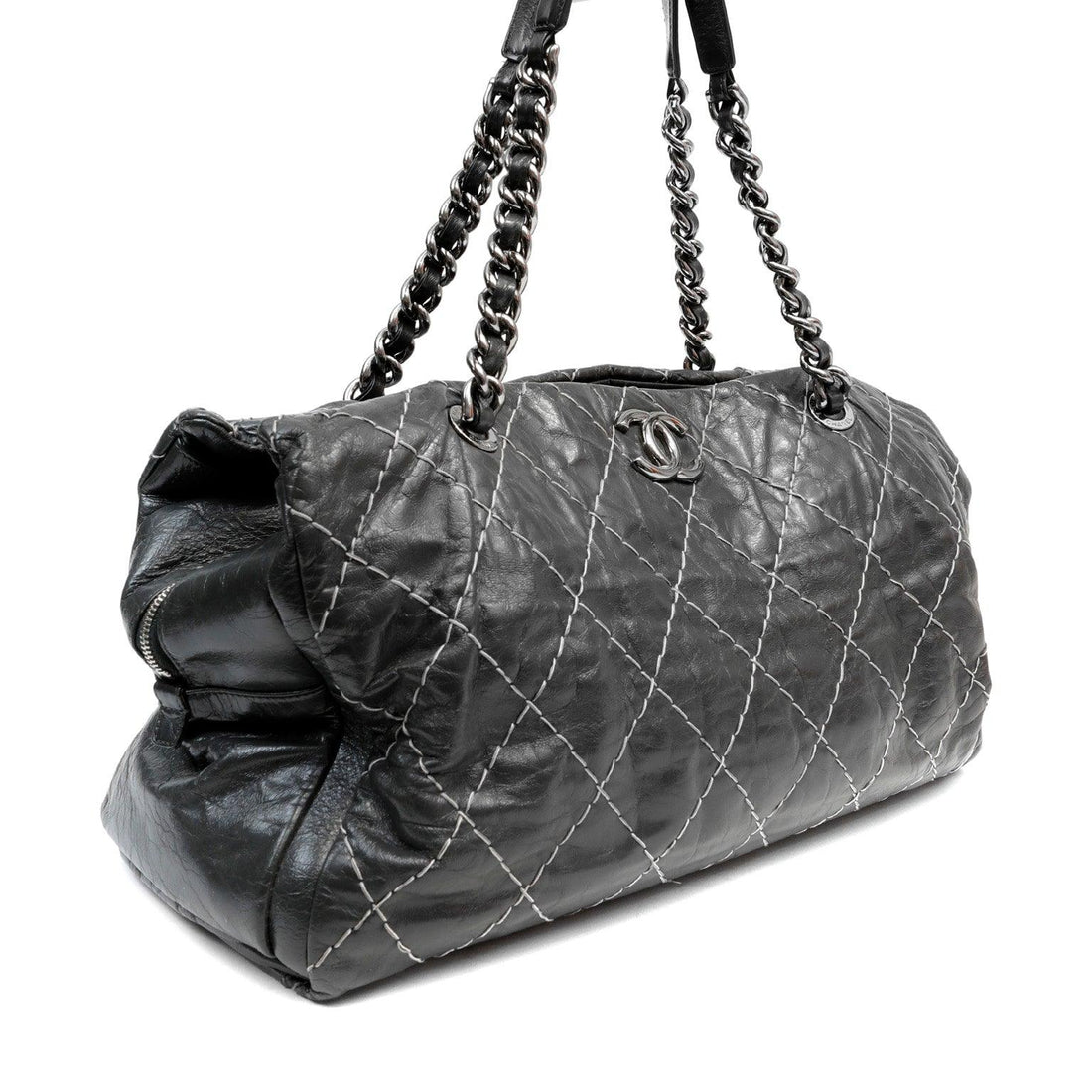 Chanel Slate Topstitched Distressed Leather Large Tote