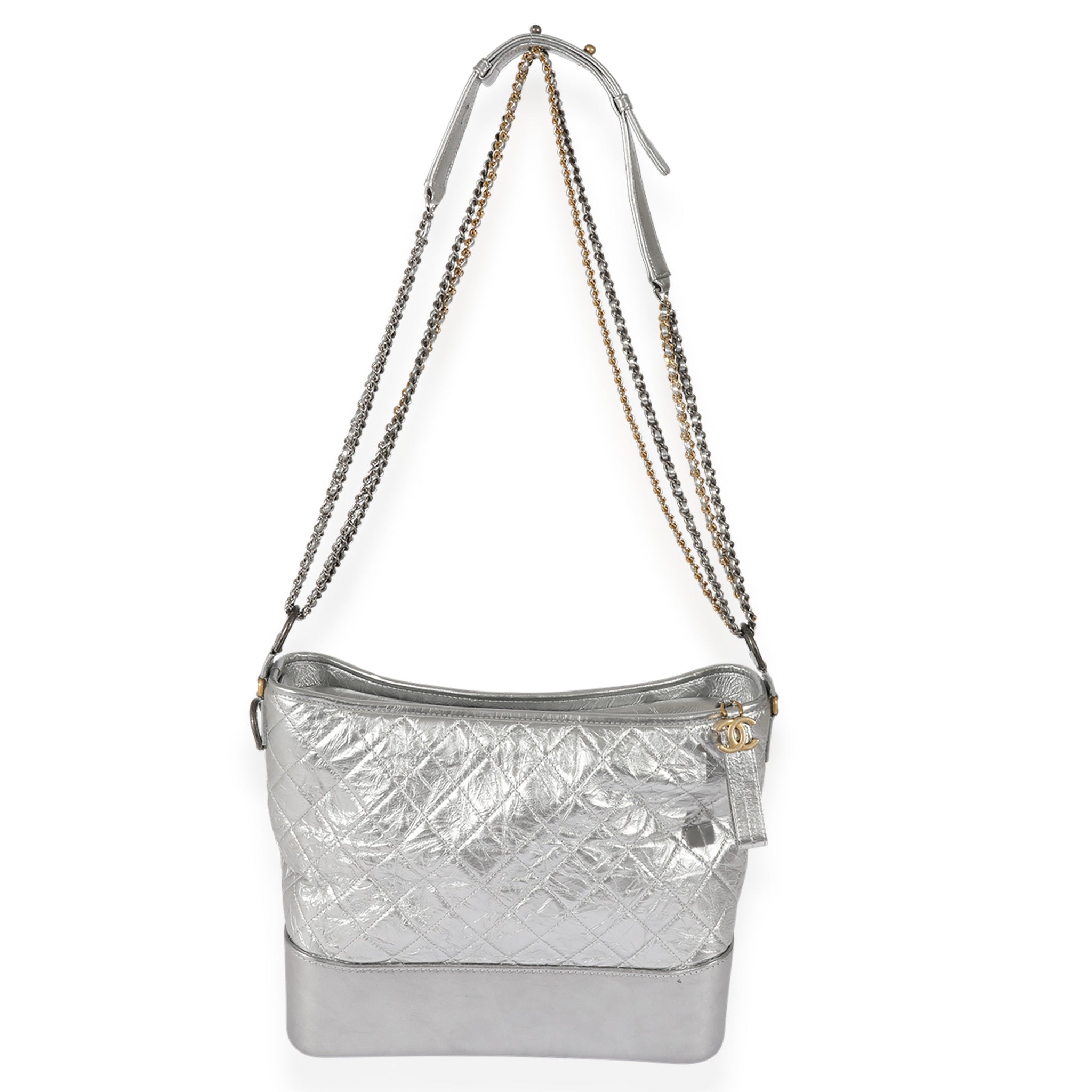 CHANEL Silver Quilted Aged Calfskin Large Gabrielle Hobo