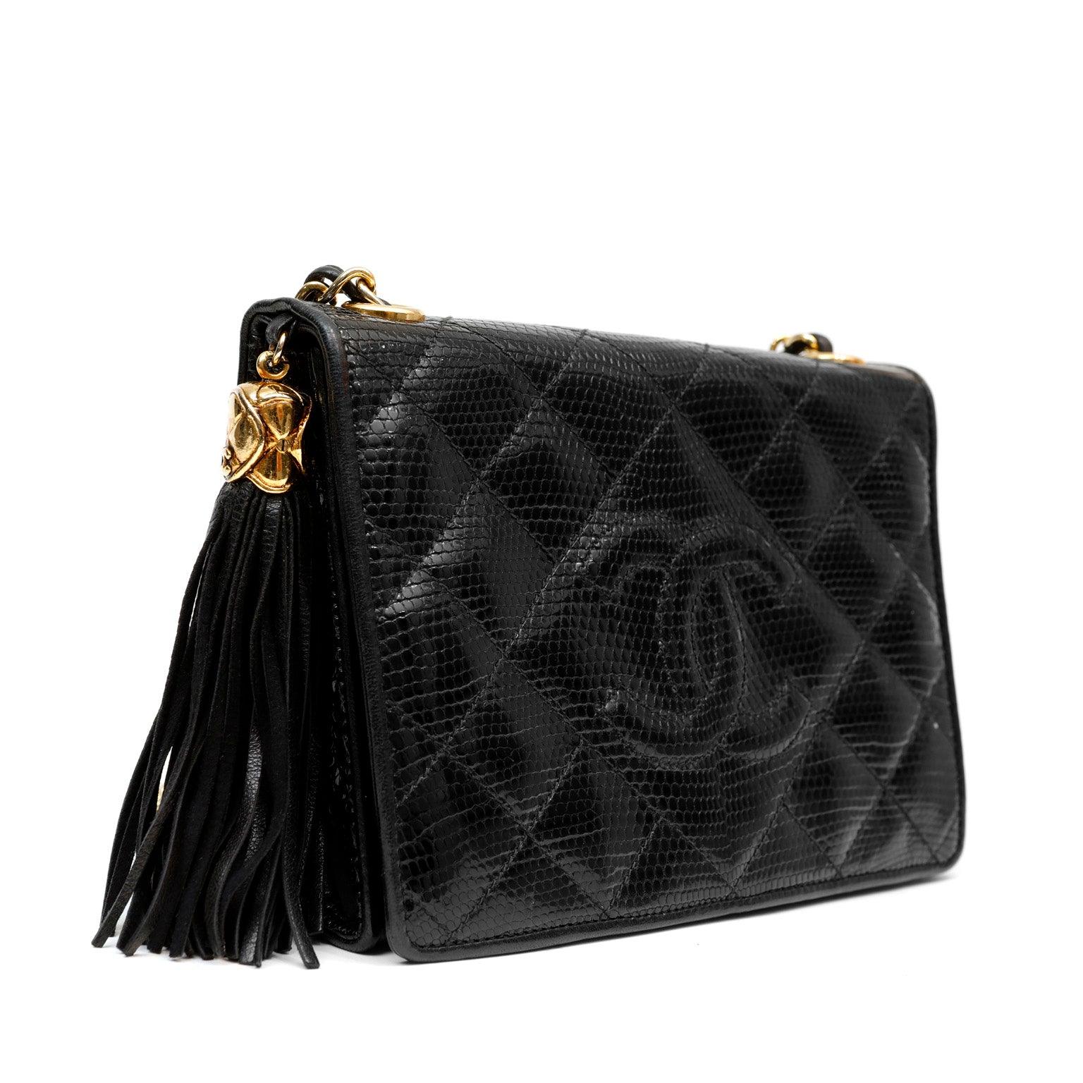 Chanel Vintage Black Lizard Crossbody Tassel Bag