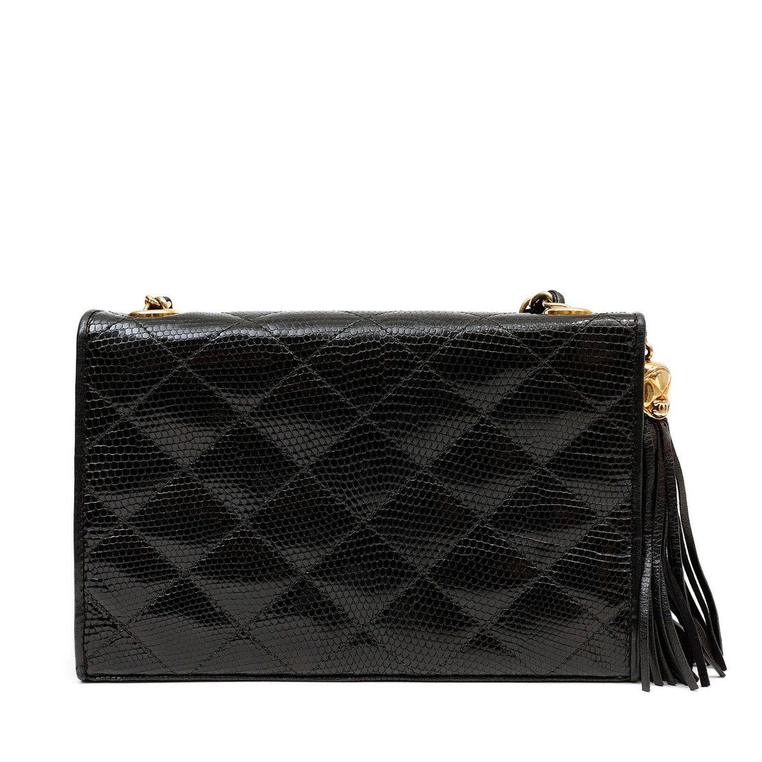 Chanel Vintage Black Lizard Crossbody Tassel Bag