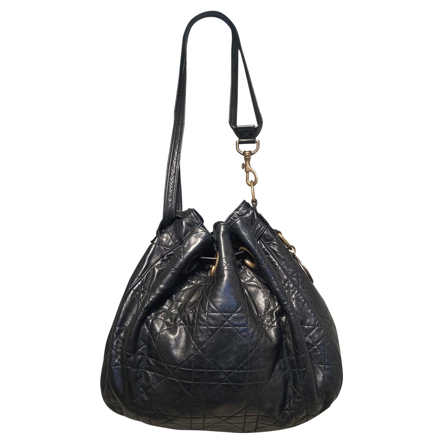 CHRISTIAN DIOR Black Leather Cannage Drawstring Shoulder Bag