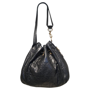 CHRISTIAN DIOR Black Leather Cannage Drawstring Shoulder Bag